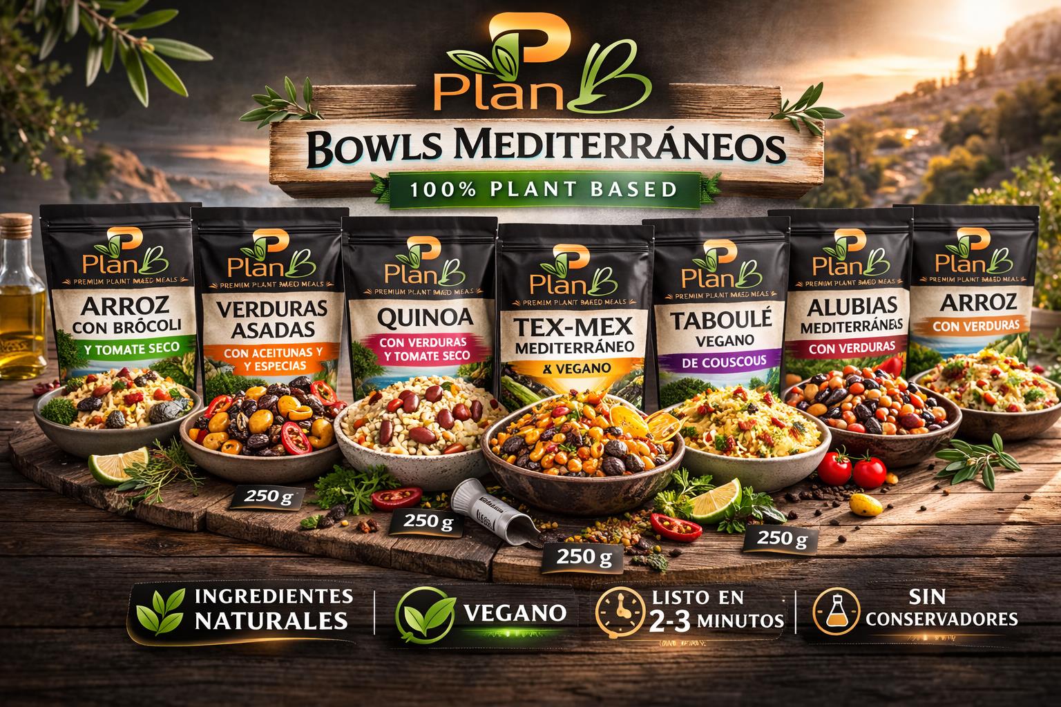 Bowls mediterráneos de Plan B: quinoa, tex-mex, tabulé y alubias, 100% plant based