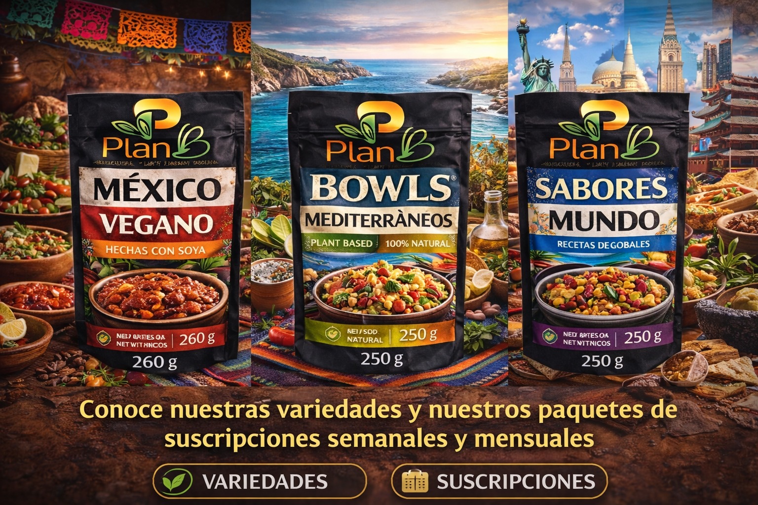 Las tres líneas de Plan B —México Vegano, Bowls Mediterráneos y Sabores del Mundo— con sus variedades y paquetes de suscripción semanal y mensual